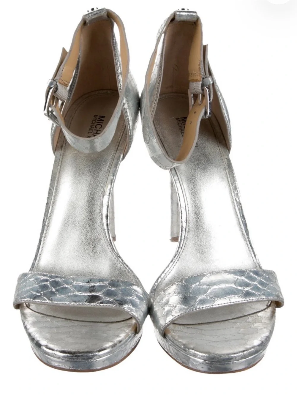 Michael Kors Silver Metallic Leather Animal Print High Heel Sandals 9.5